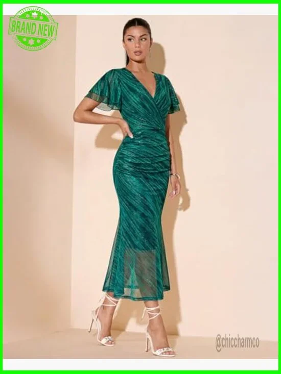 Floral Mesh Maxi Dress Ruched Ruffle Sleeve Bodycon Wedding Guest Cocktail - Picture 4 of 7